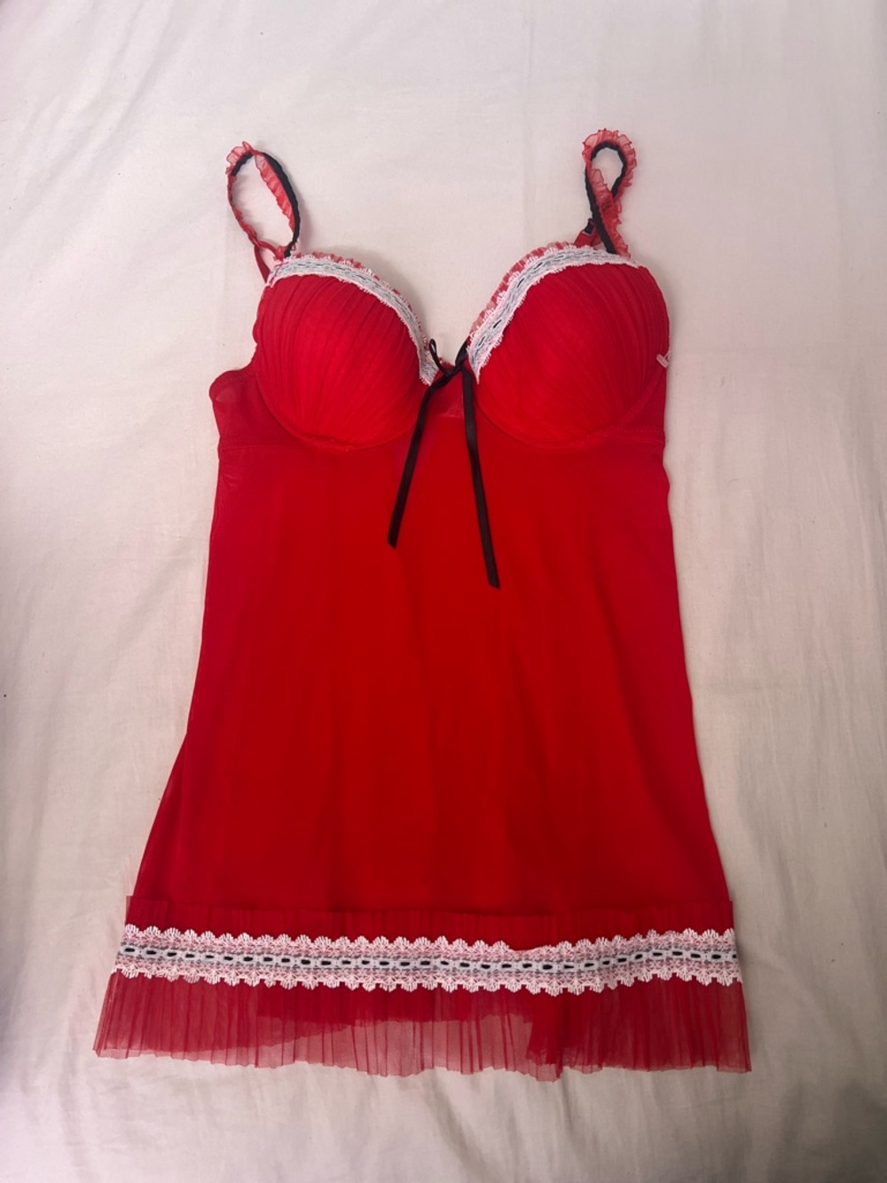 Rampage Red Lace-Trim Babydoll Chemise with Black Ribbon Accent